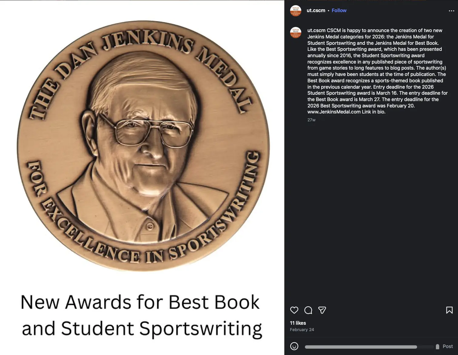 Instagram post from UT Center for Sports Communication and Media showing an AI-rendered Dan Jenkins Medal