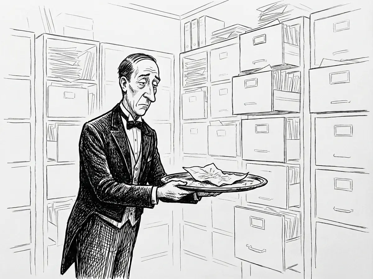 Butler providing white glove service with organized filing system - representing personalized AI service at scale