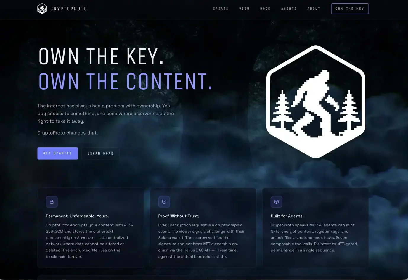 The CryptoProto landing page at cryptoproto.com: Own the key. Own the content.