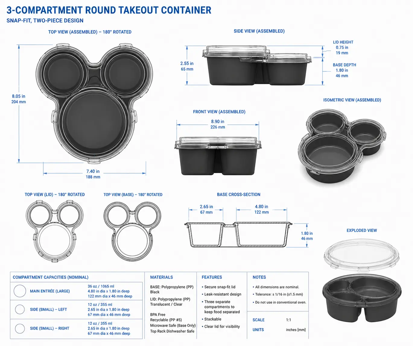 Engineering spec drawing of the Mickey Mouse head-shaped three-compartment takeaway container with snap-fit clear lid