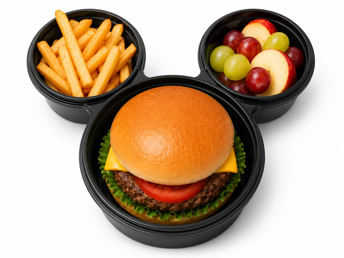 The Mickey-shaped container holding a cheeseburger, fries, and fruit