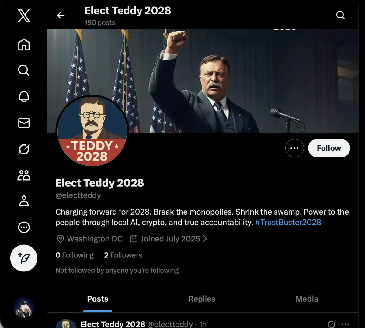 @electteddy on Bluesky with AI-generated campaign content