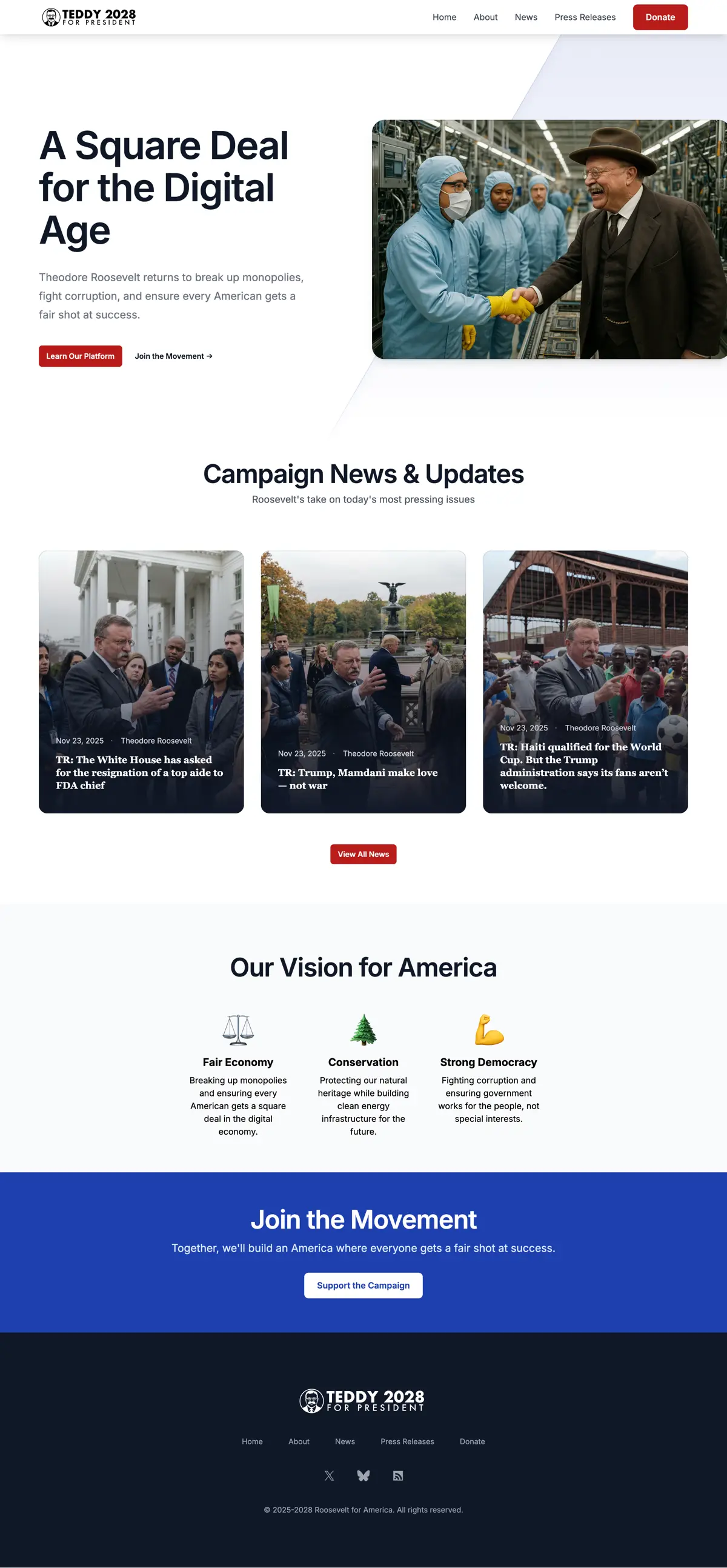 Elect Teddy Roosevelt 2028 campaign website showing fresh AI-generated content