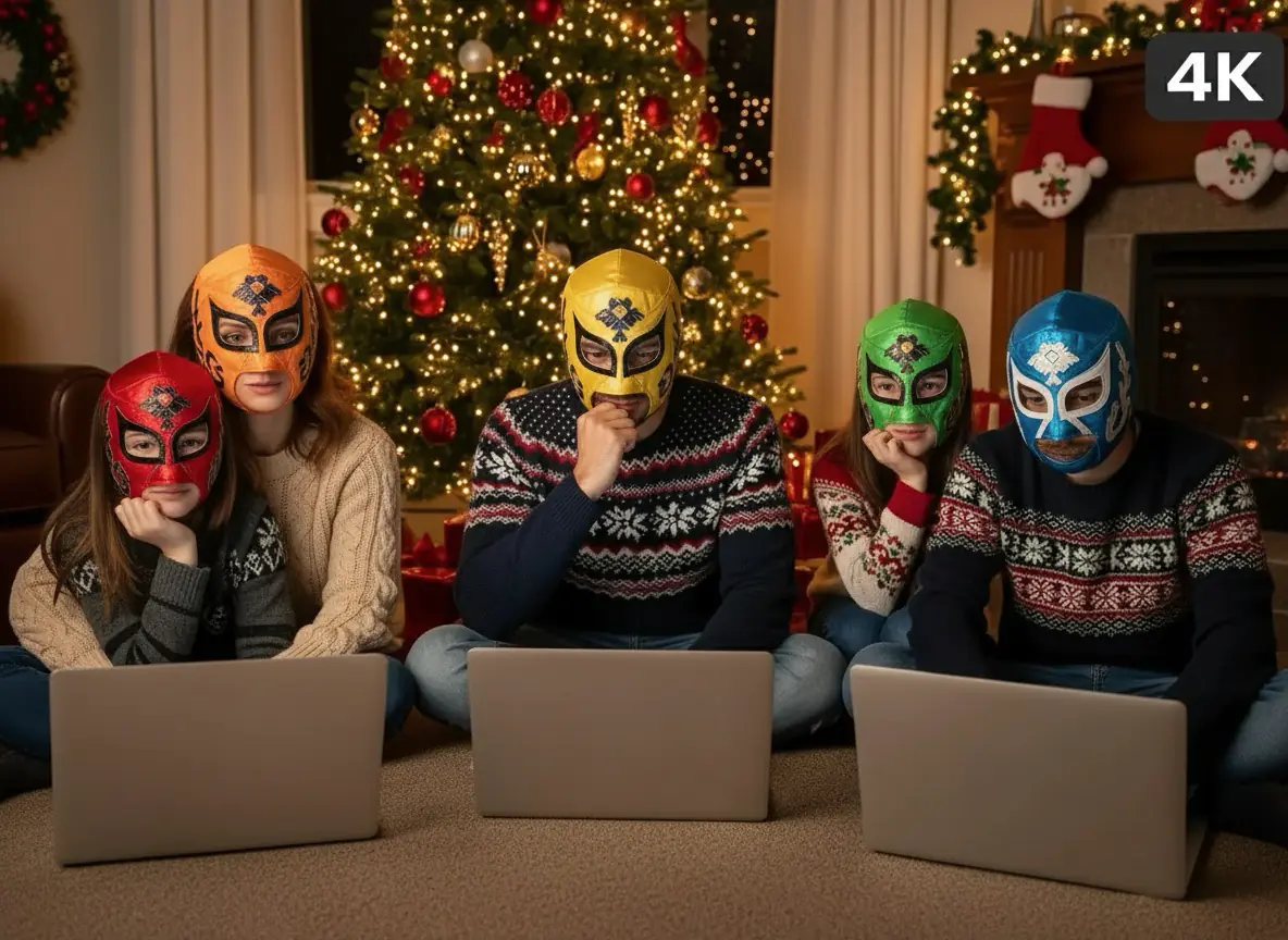 Family wearing colorful luchador masks