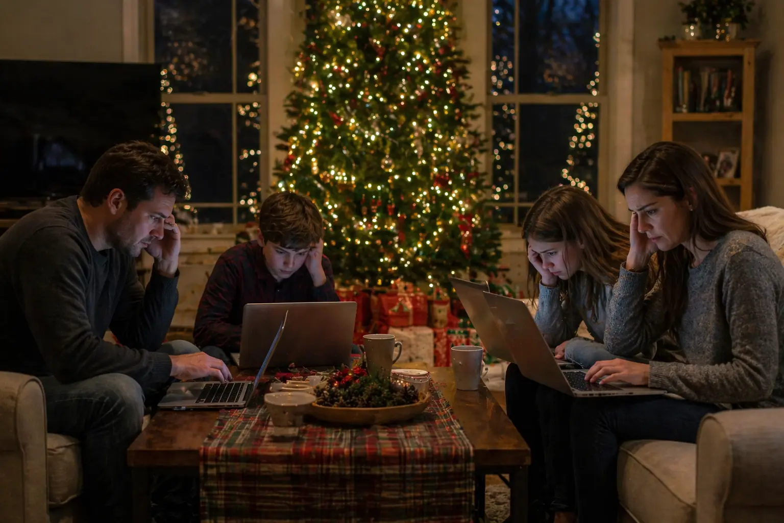 GPT Image 2 generated family on laptops by a Christmas tree