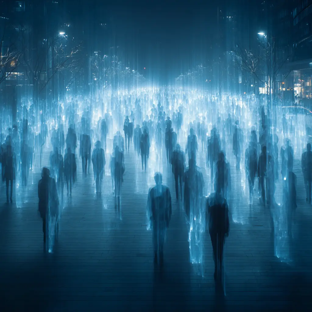 Crowd of ghostly figures in a city at night