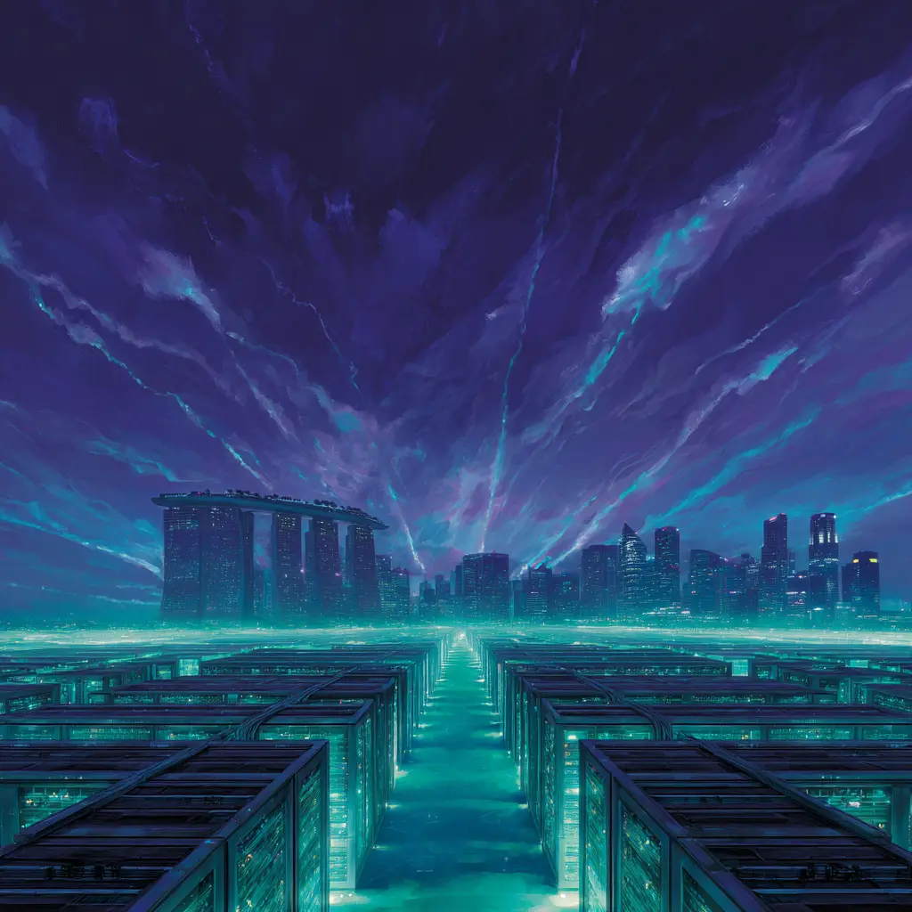 Singapore skyline above rows of data center servers