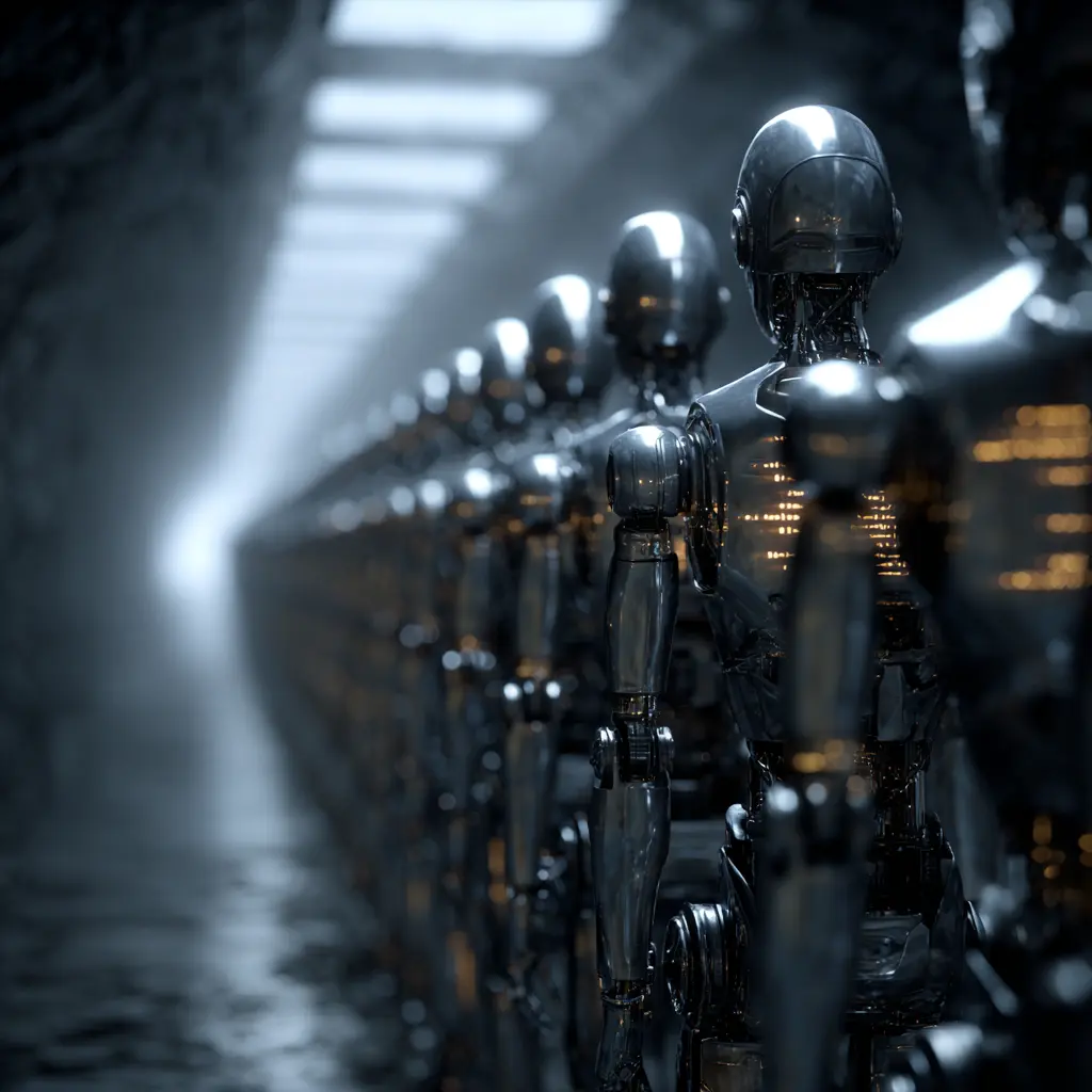 Row of identical robots in a dark corridor