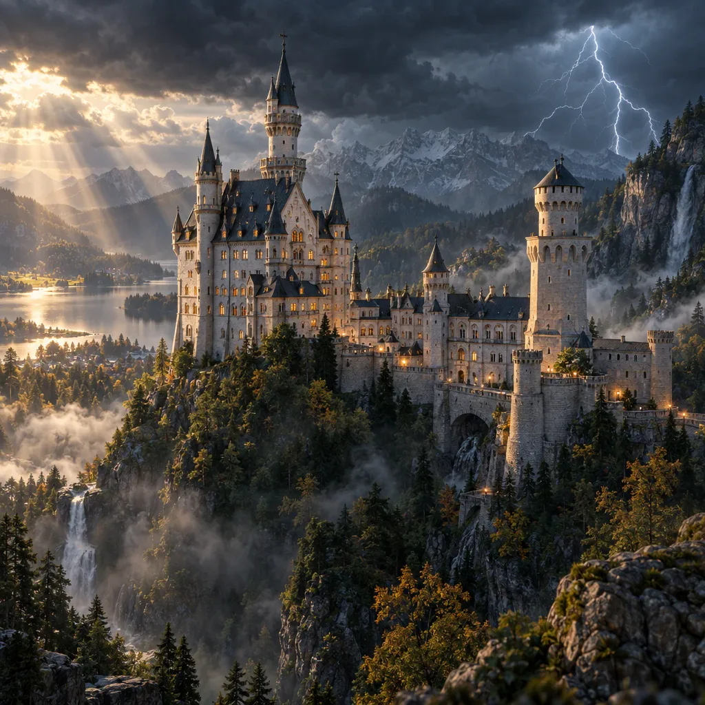 Neuschwanstein castle above a lake with god rays and a lightning bolt, generated by GPT Image 2.5 Sunburst
