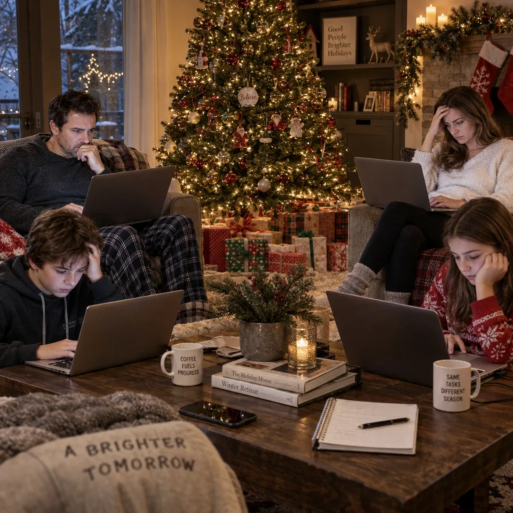 Family on laptops by a Christmas tree with slogan mugs, generated by GPT Image 2.5 Sunburst