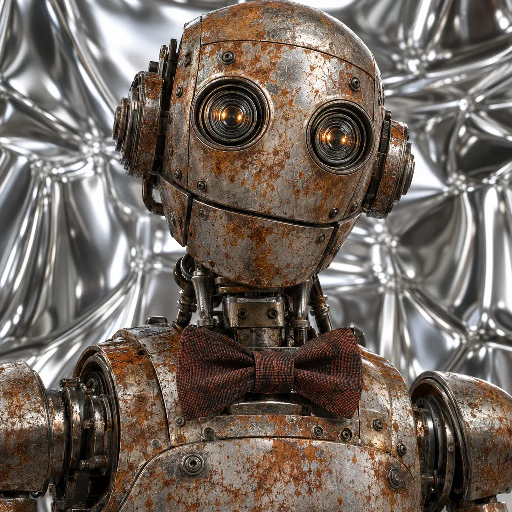 Rusty humanoid robot with glowing lens eyes and a maroon bow tie on a chrome background, generated by GPT Image 2.5 Sunburst