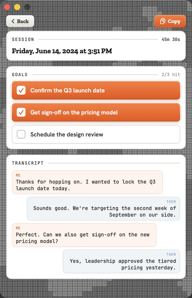 Saved meeting detail showing goals and the full transcript