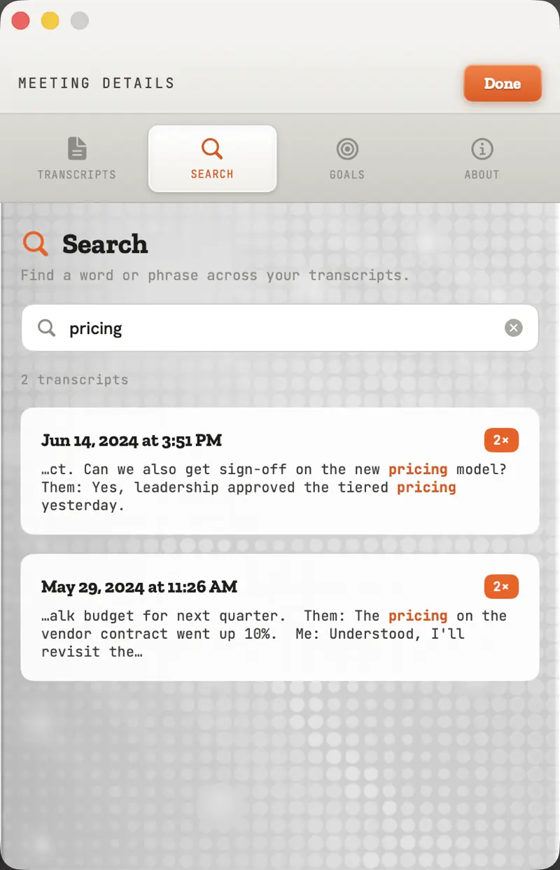 Full-text search across saved transcripts