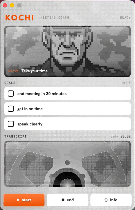 Kōchi's default grayscale pixel-art coach theme