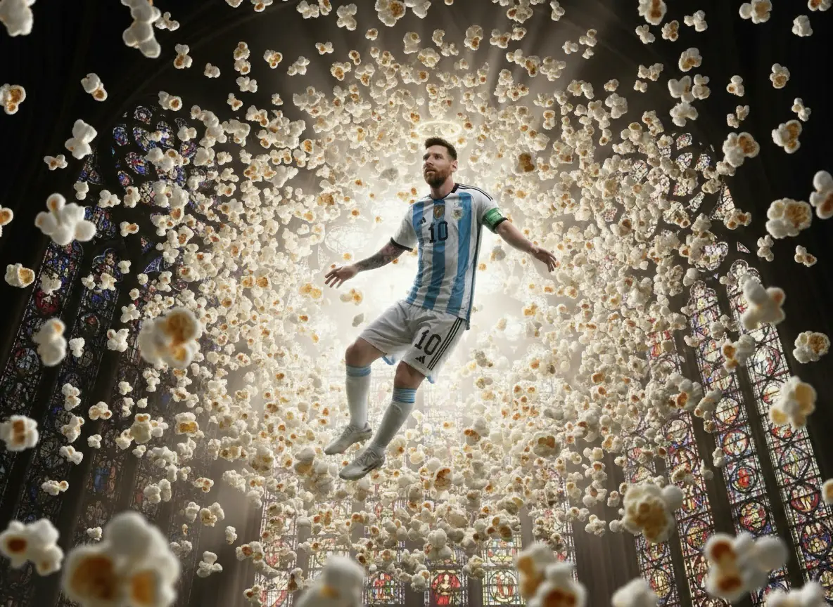 Messi surrounded by floating popcorn