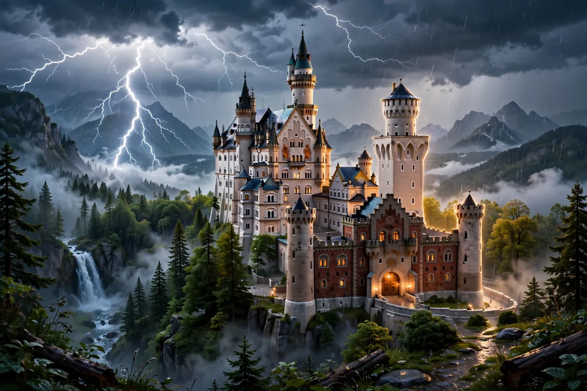 Castle in a mountain storm with multiple lightning strikes, generated by Meta Muse Image