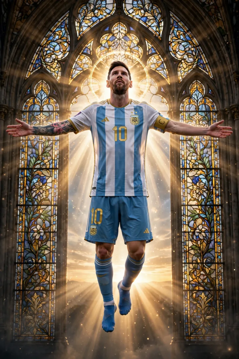 Lionel Messi floating in front of a gothic stained glass window with a halo, generated by Meta Muse Image