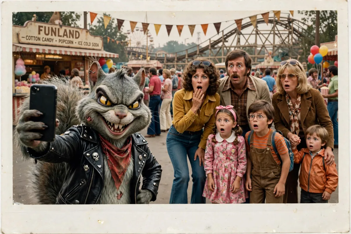 Punk squirrel in a leather jacket taking a selfie at Funland with shocked 70s families, generated by Meta Muse Image