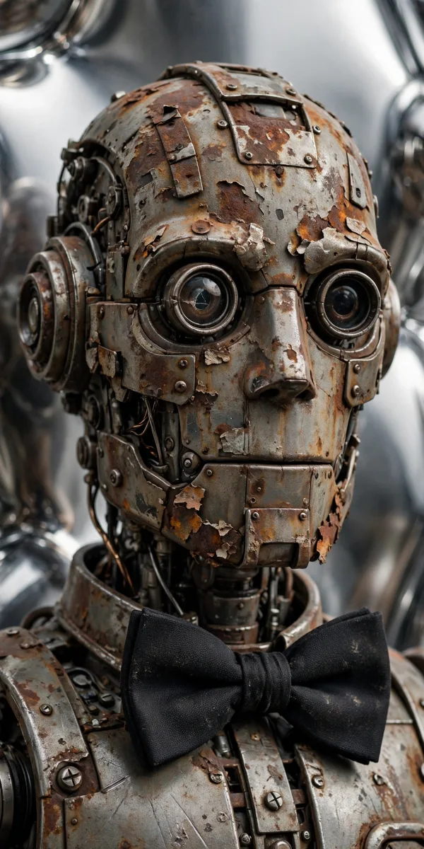 Photorealistic rusted humanoid robot with a black bow tie, generated by Meta Muse Image
