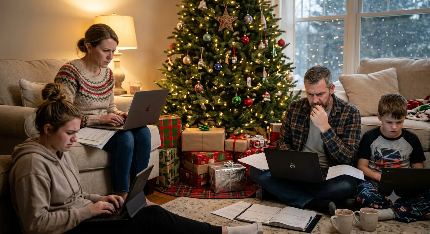 Family working on laptops around a Christmas tree — Nano Banana 3