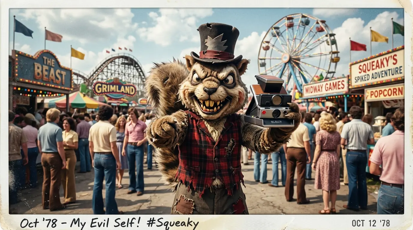 Evil cartoon squirrel selfie at a generic theme park — Nano Banana 3