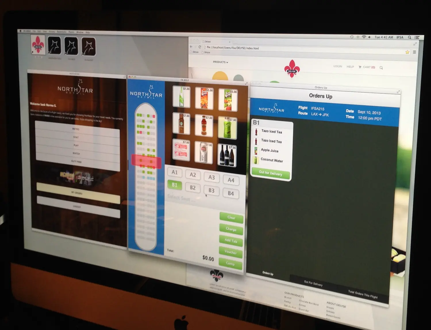 The NorthStar Retail order system in action — the passenger shopping view, the flight attendant galley order screen with seat map and product grid, and the real-time Orders Up delivery view.