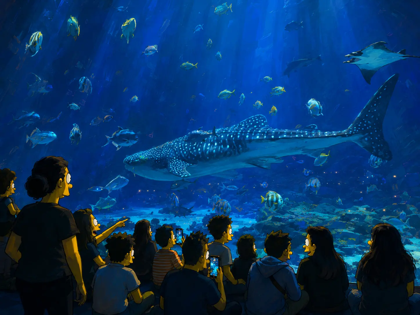 Whale shark and manta ray gliding past the crowd at the Georgia Aquarium