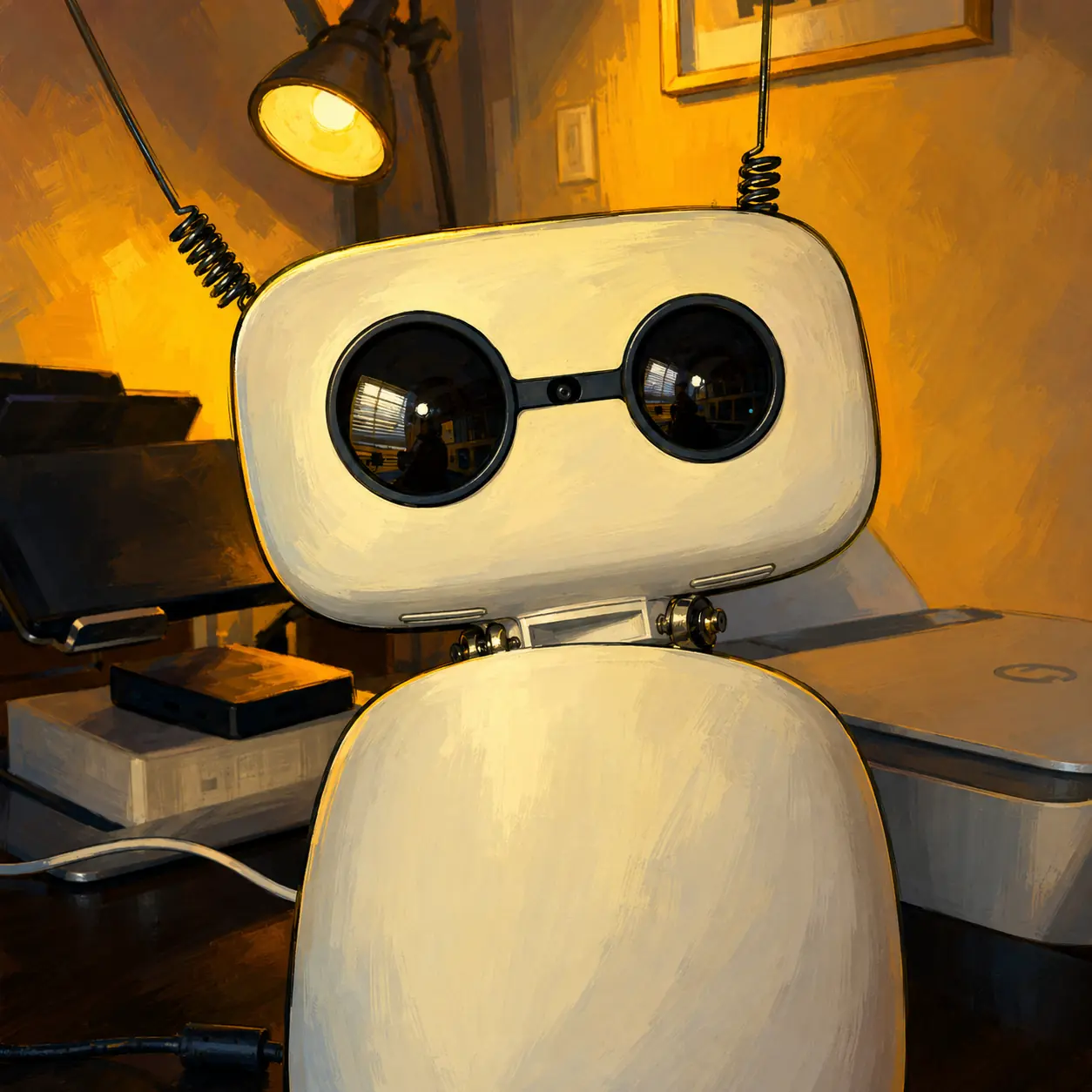 Reachy Mini, the open-source desktop robot, on the workbench