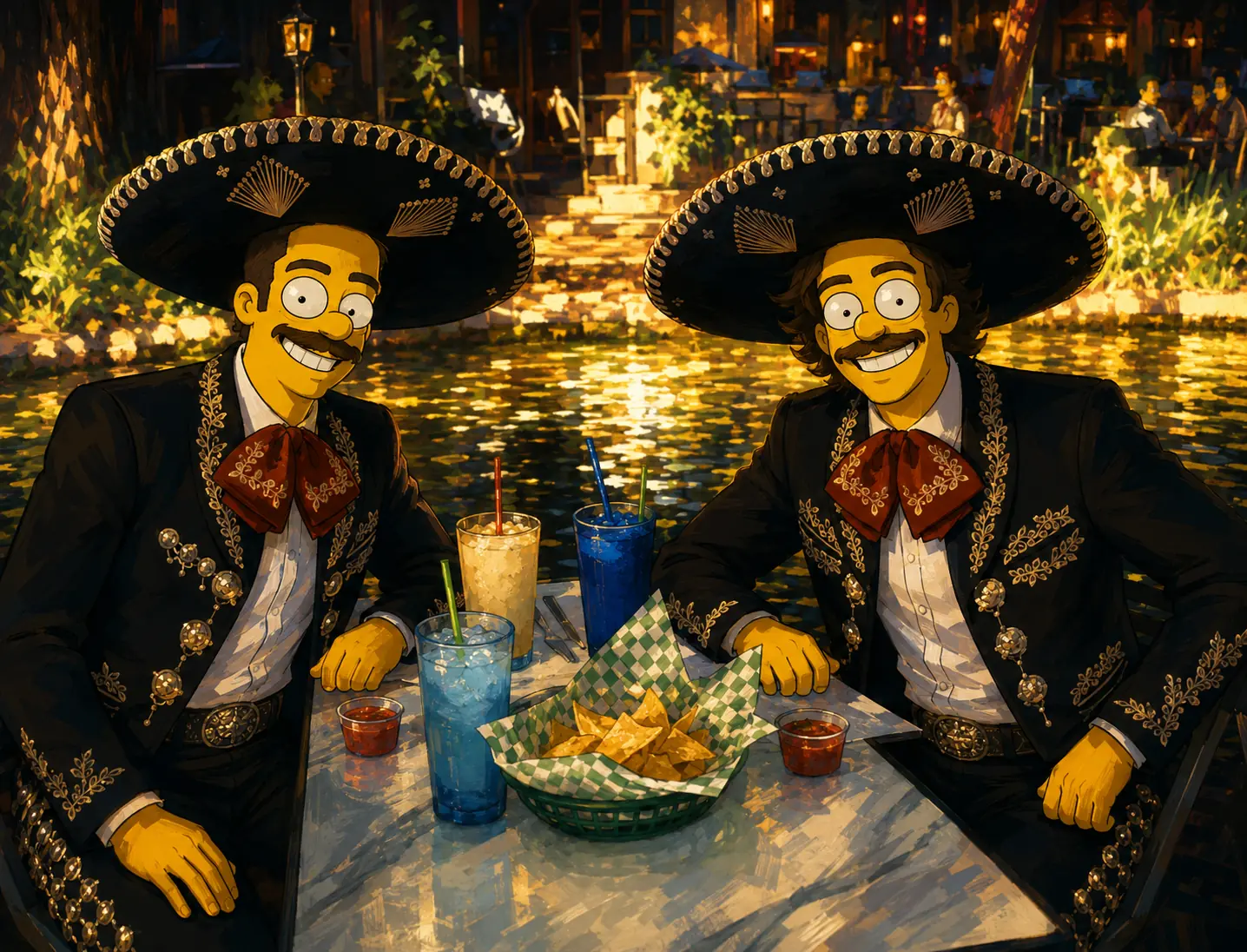 Charro suits and chips by the water on the San Antonio River Walk