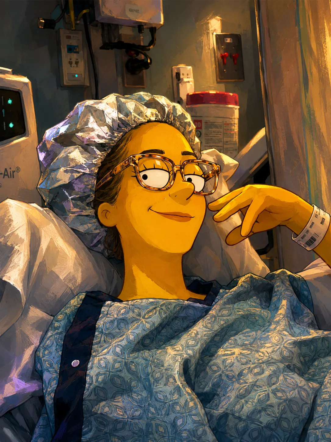Post-op in the surgical cap, recovery underway