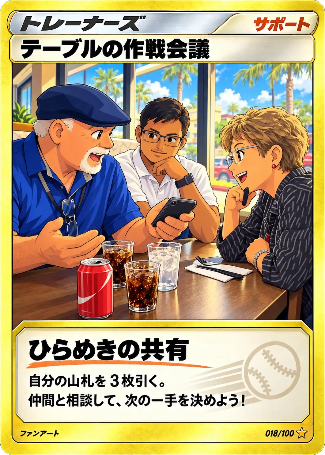 Trading card of three friends trading ideas over drinks at a restaurant table by the palm trees