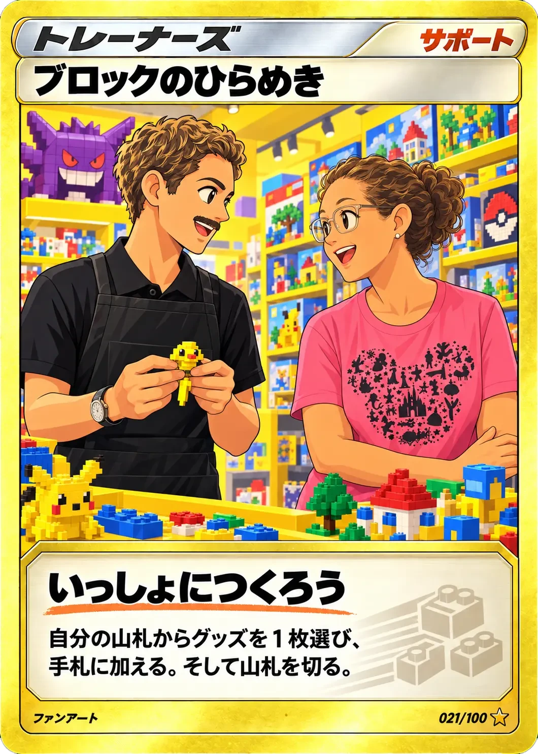 Trading card of two people building a LEGO Pikachu inside a LEGO store
