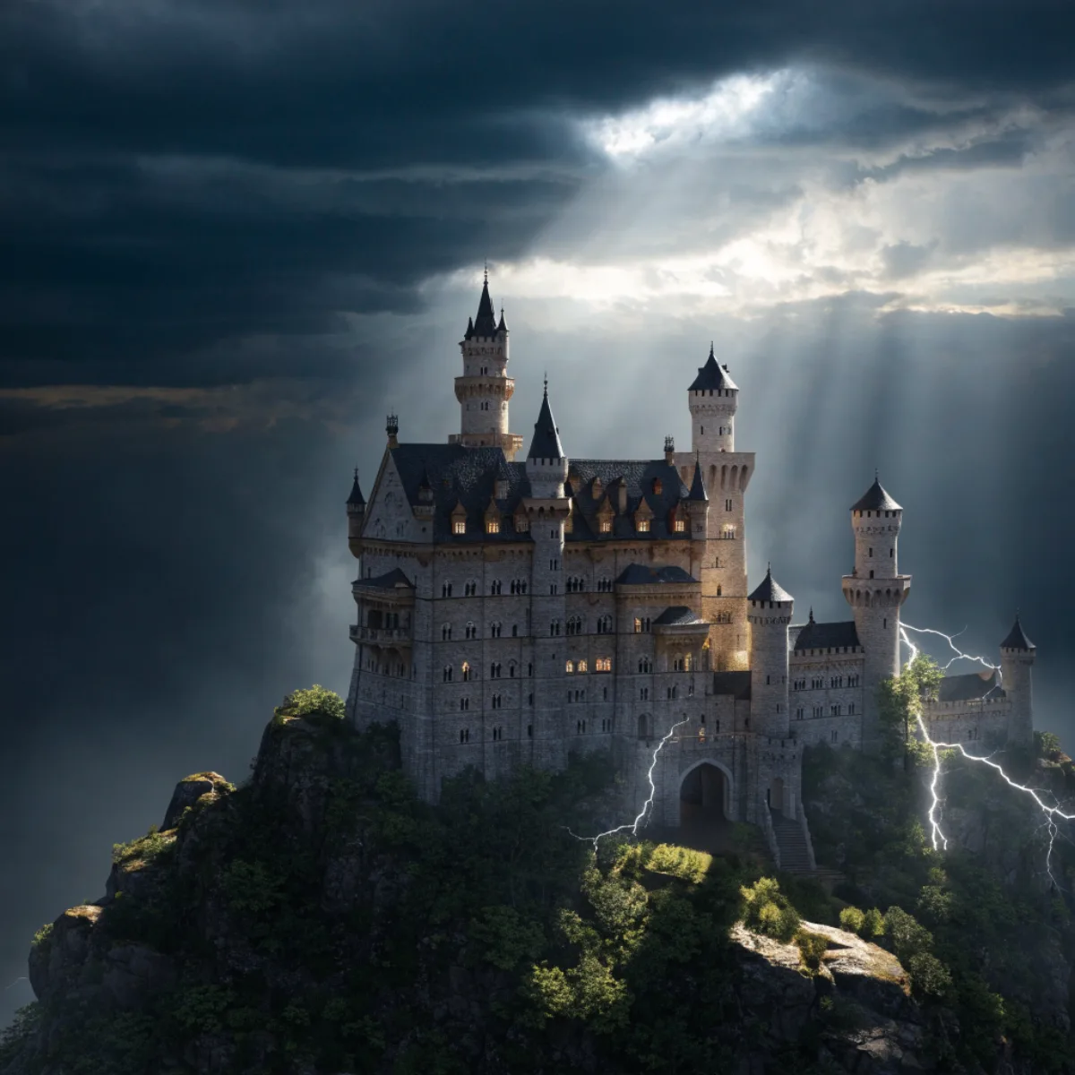 Castle on a dark crag with god rays and lightning striking beside the walls, generated by Recraft V4.1 Flash