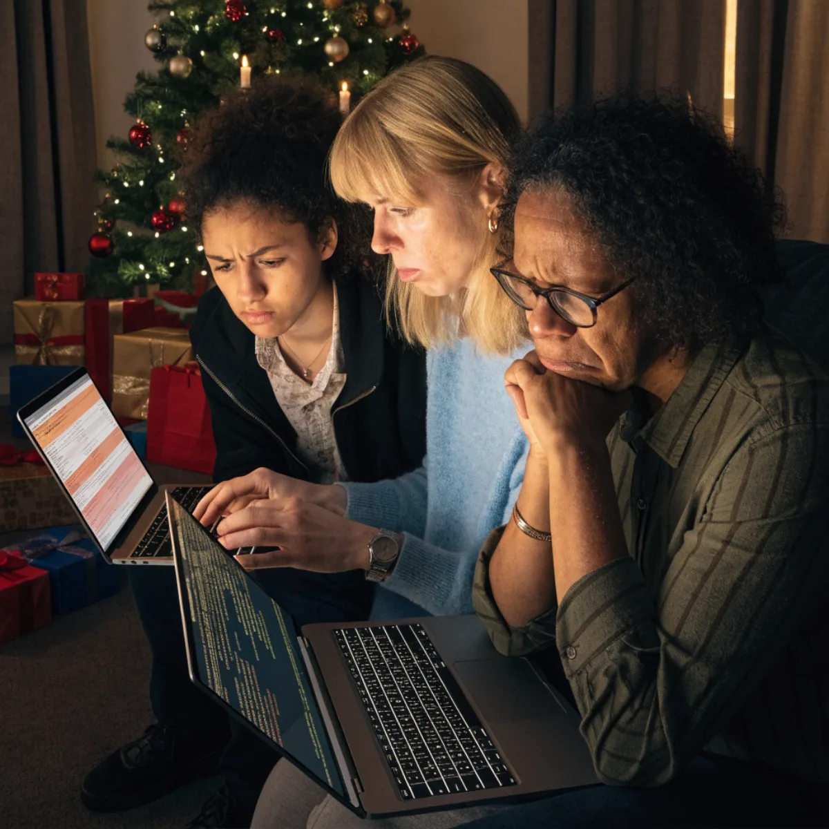 Three people huddled over two laptops with a Christmas tree behind them, generated by Recraft V4.1 Flash