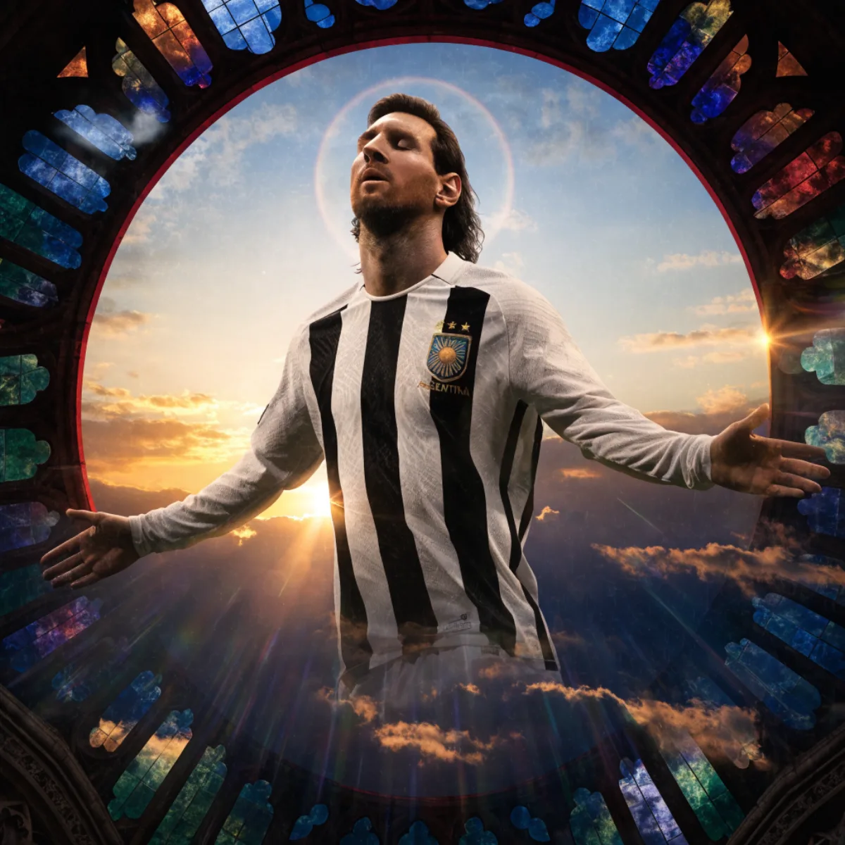 Lionel Messi with arms out inside a round stained glass window at sunrise, generated by Recraft V4.1 Flash