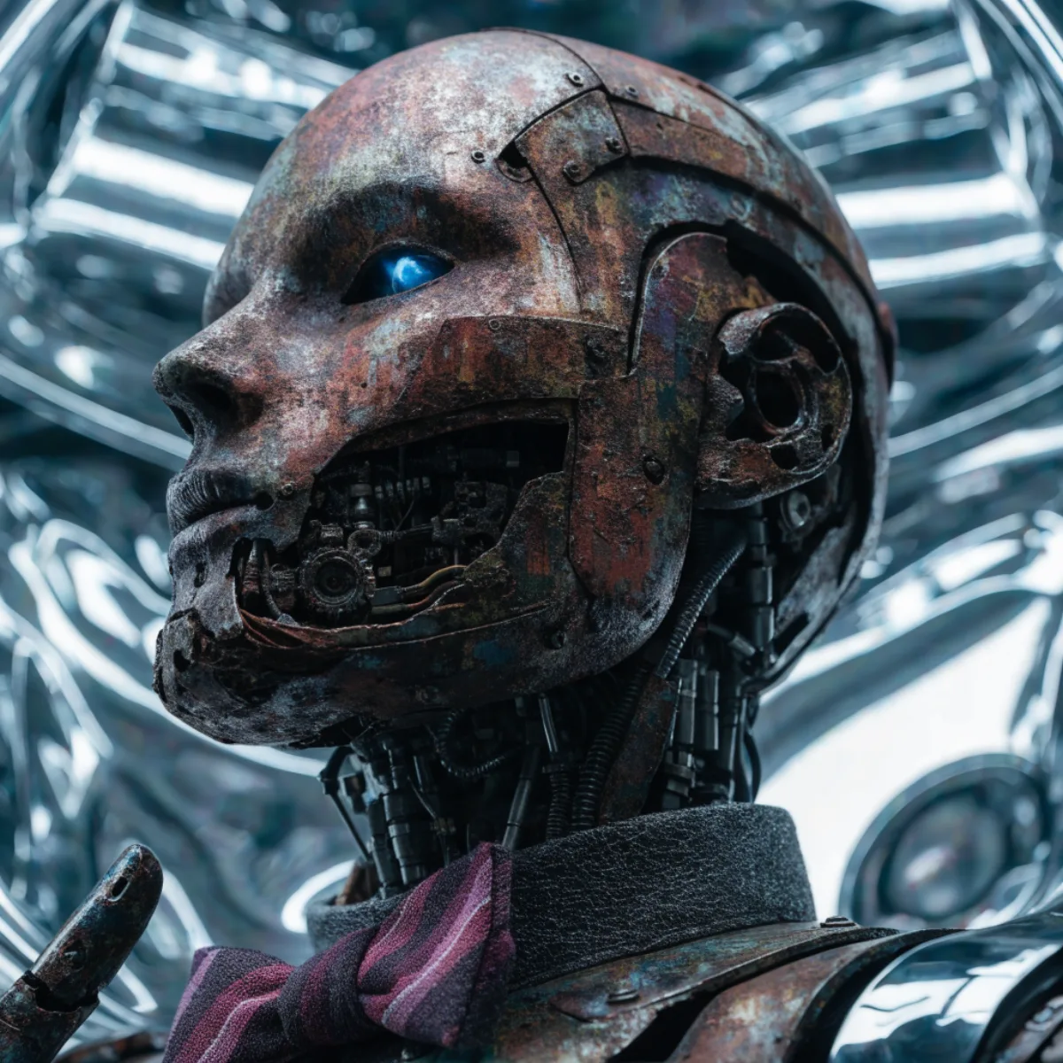 Rusted cyborg skull with one blue eye and exposed jaw mechanics wearing a striped scarf, generated by Recraft V4.1 Flash