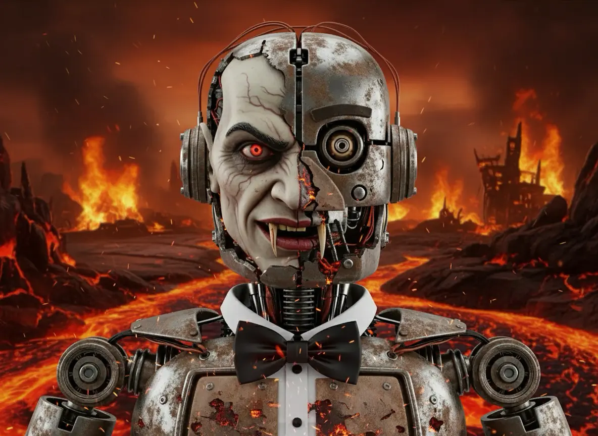 Robot-Dracula hybrid in hellscape