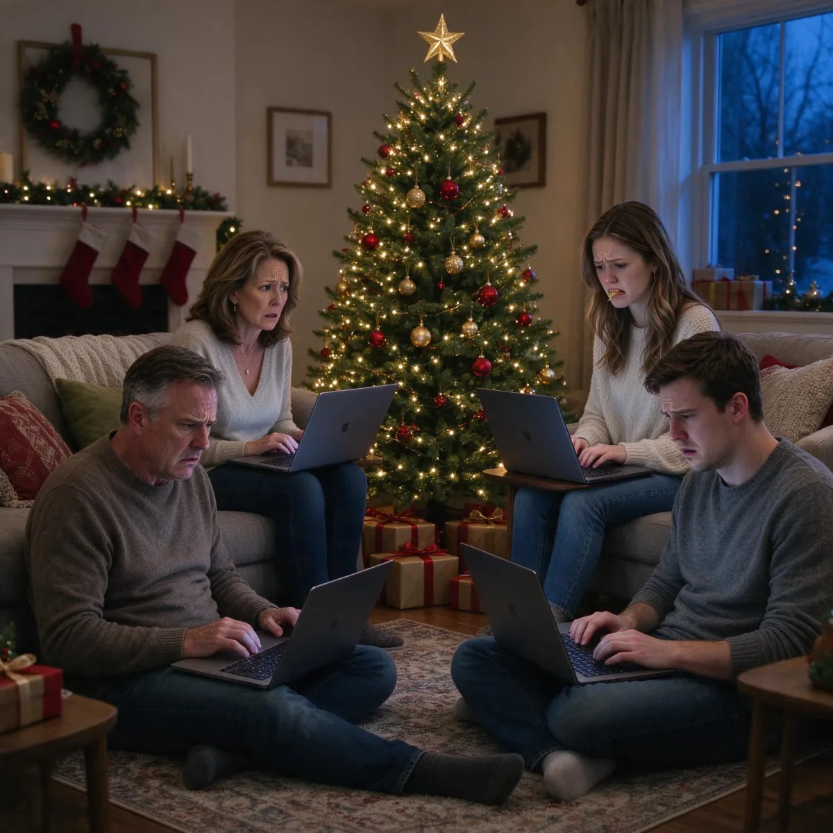 Worried family of four on laptops around a Christmas tree, generated by Seedream 5.0 Flash