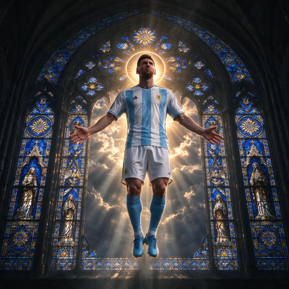 Soccer player in Argentina kit floating with a halo in front of a gothic stained glass window, generated by Seedream 5.0 Flash