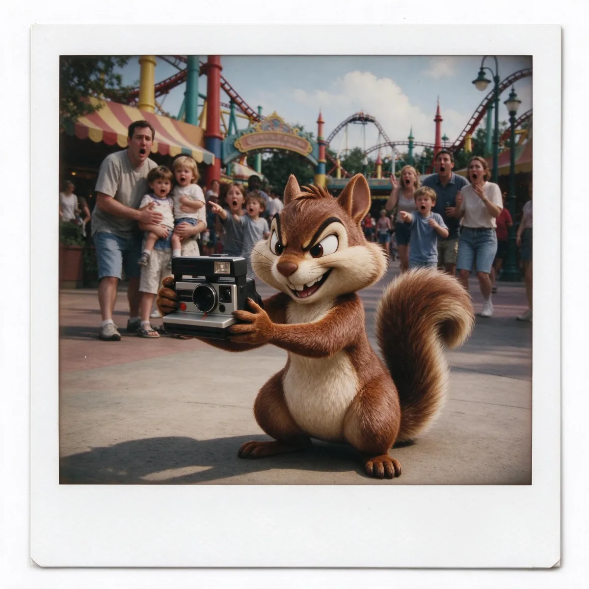 Cartoon squirrel holding a Polaroid camera at a theme park with shocked families, generated by Seedream 5.0 Flash