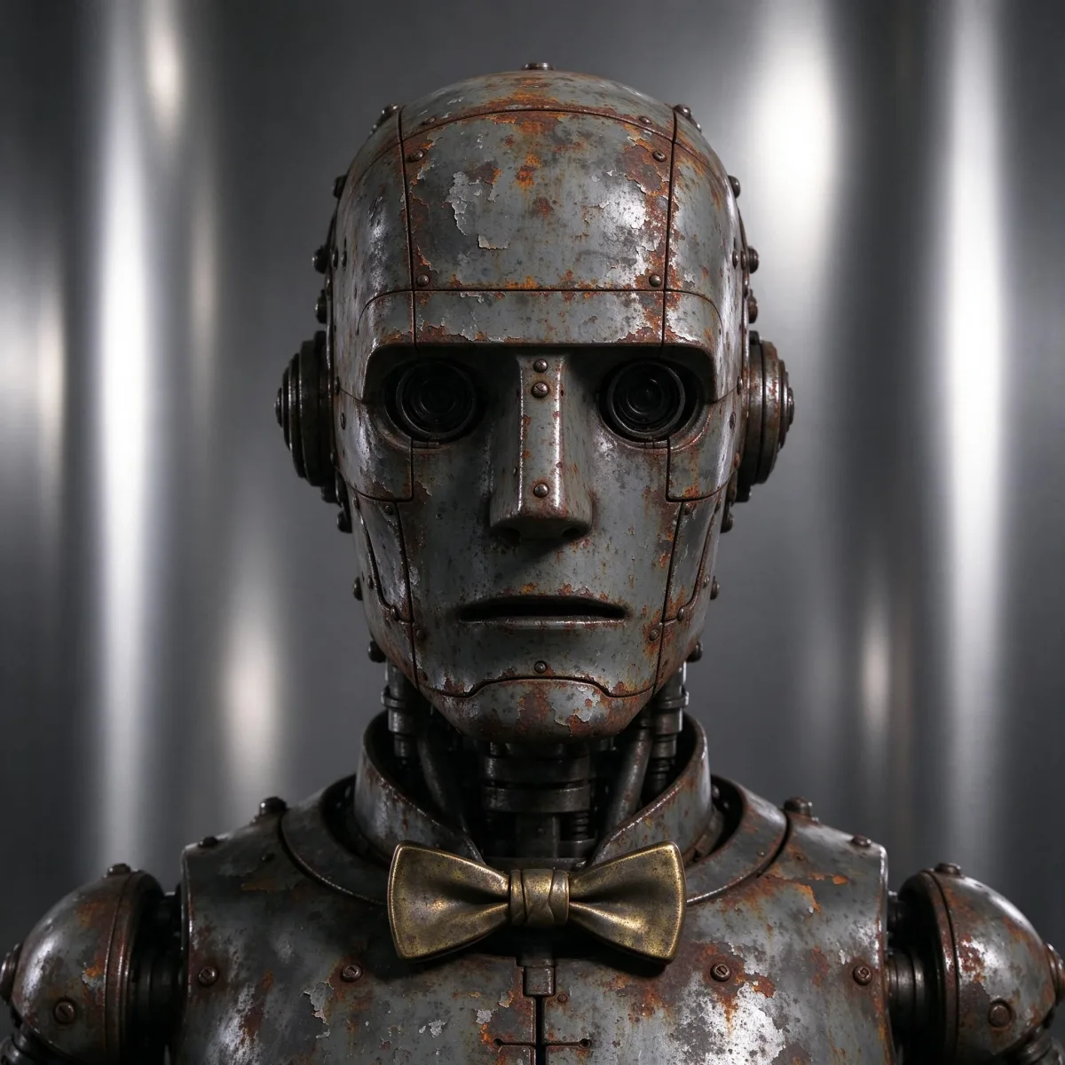 Riveted rusty humanoid robot with a brass bow tie on a chrome background, generated by Seedream 5.0 Flash