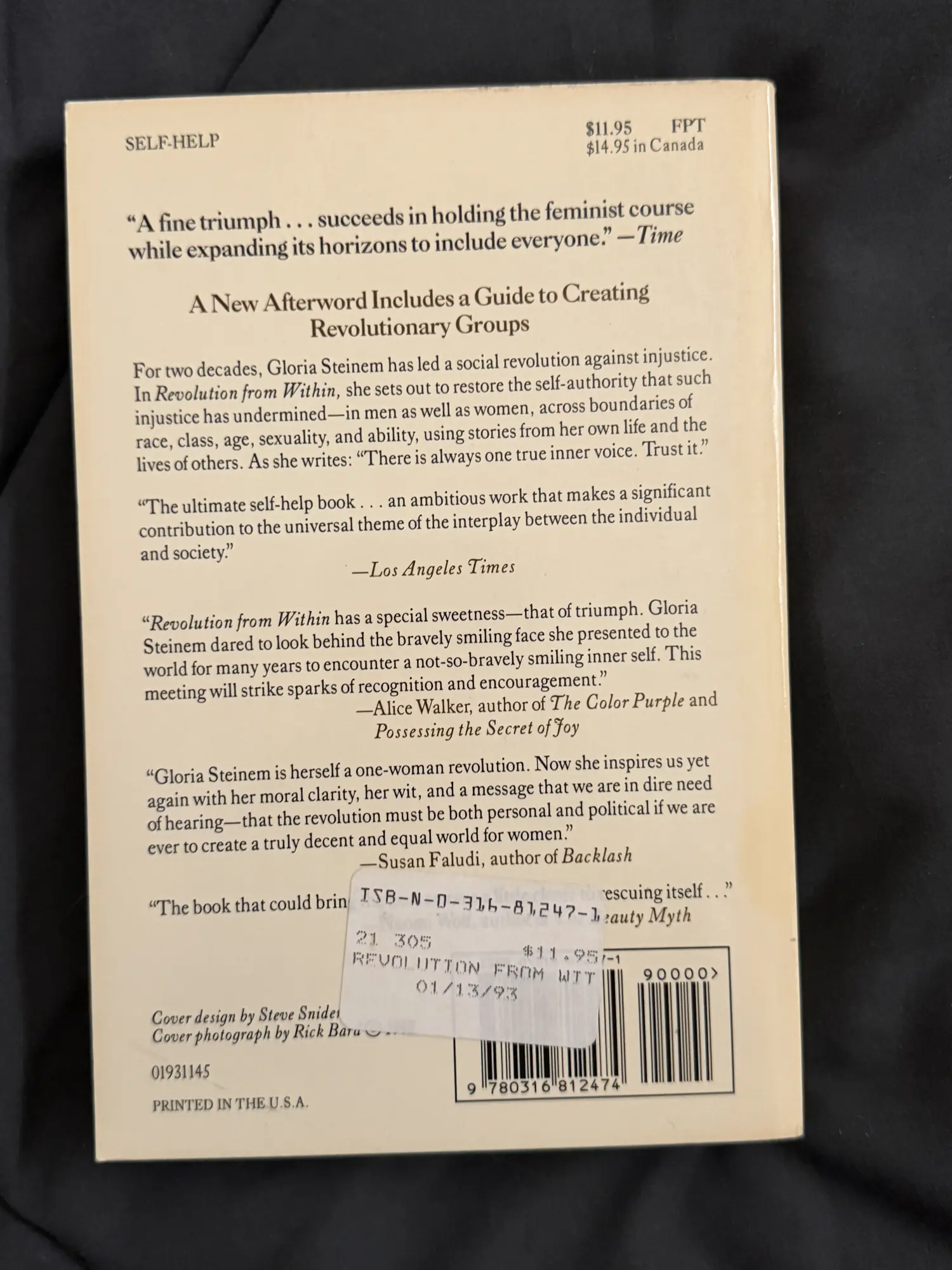 Back cover of Revolution from Within with the University Co-op price sticker dated 01/13/93