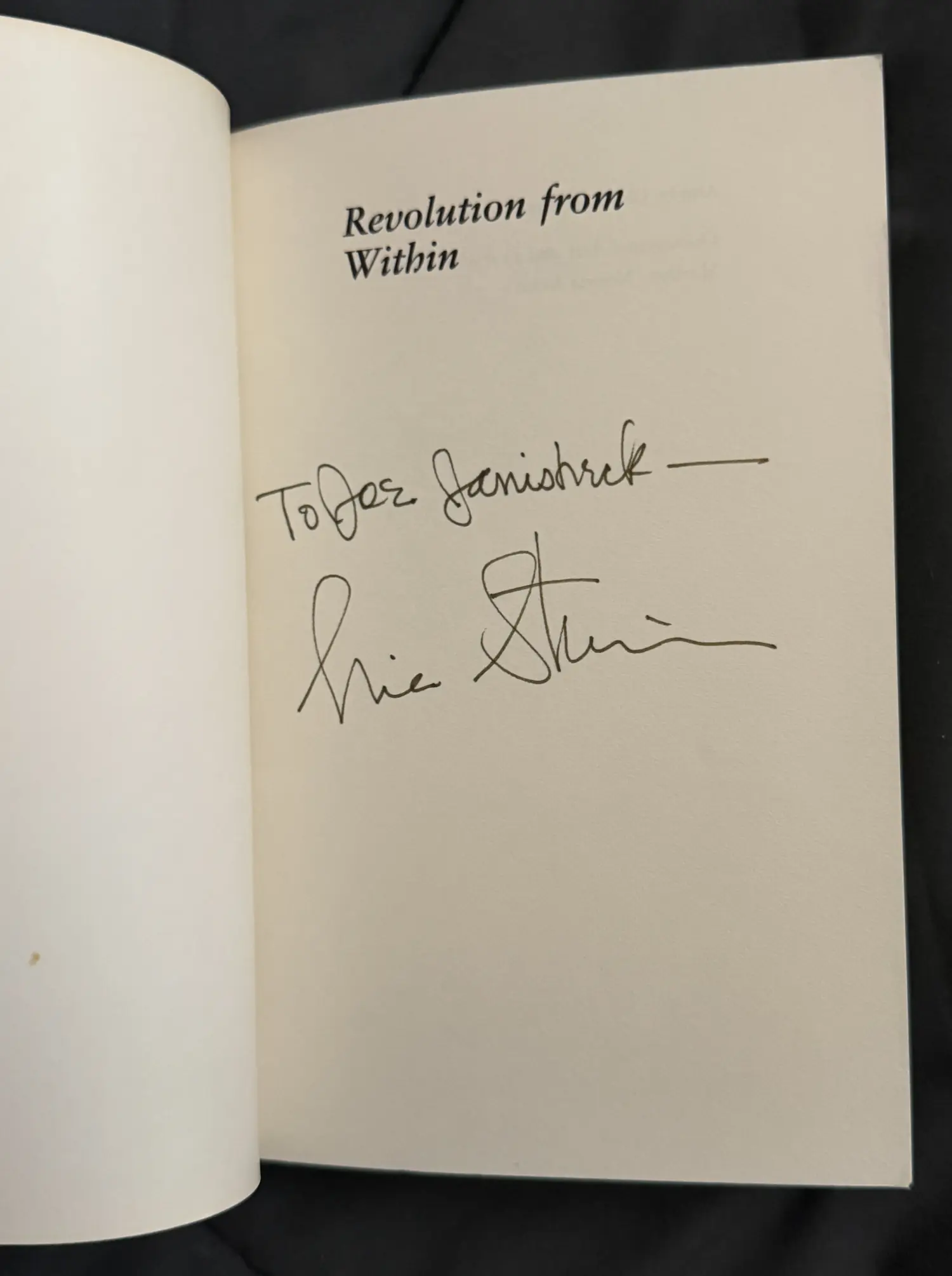 Title page of Revolution from Within inscribed To Joe Janisheck and signed by Gloria Steinem