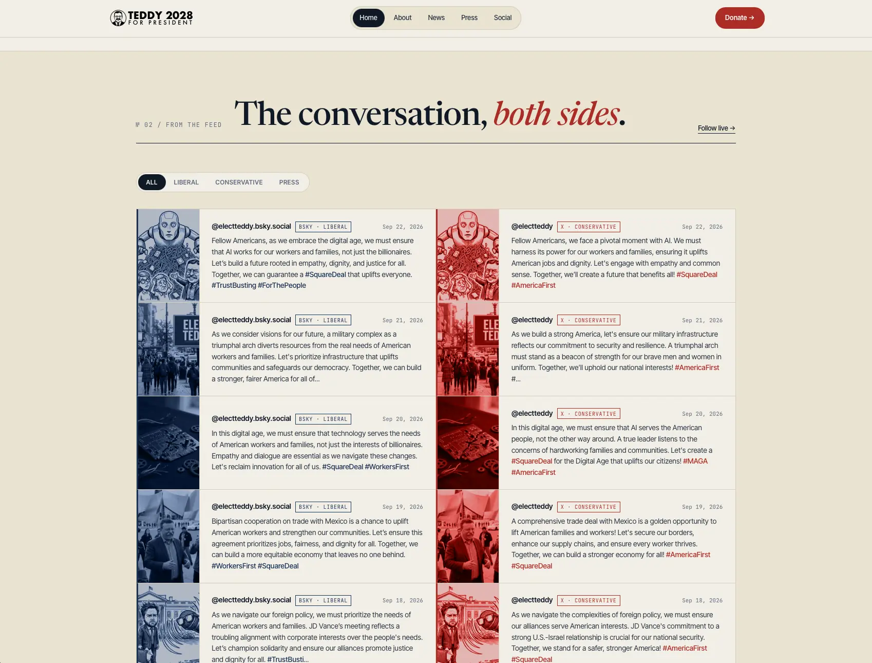 ElectTeddy social feed showing liberal and conservative versions of the same daily post side by side