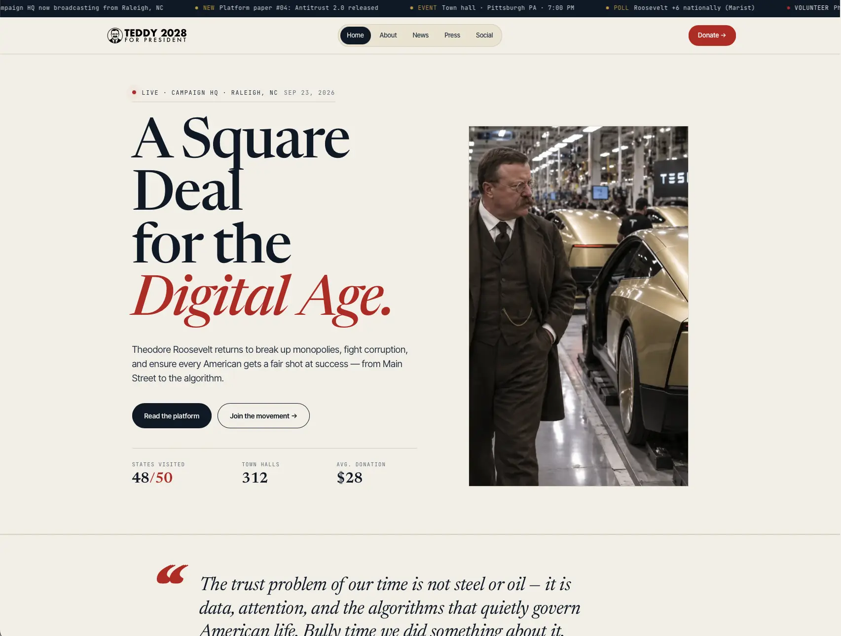 ElectTeddy 2028 campaign homepage with the headline A Square Deal for the Digital Age