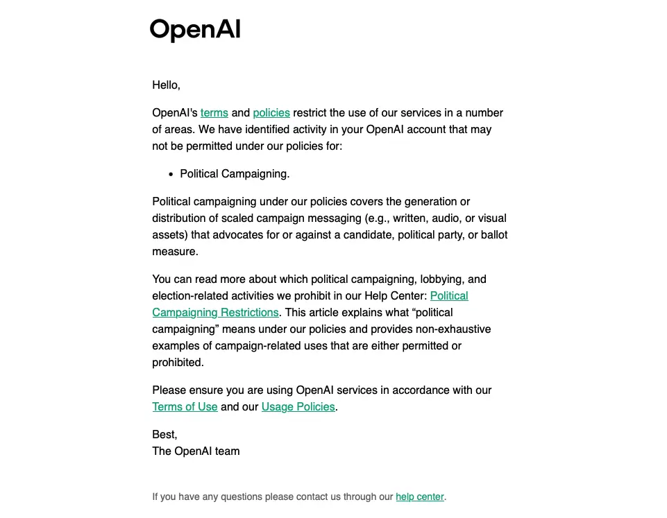 Email from OpenAI warning that account activity may not be permitted under its Political Campaigning policy