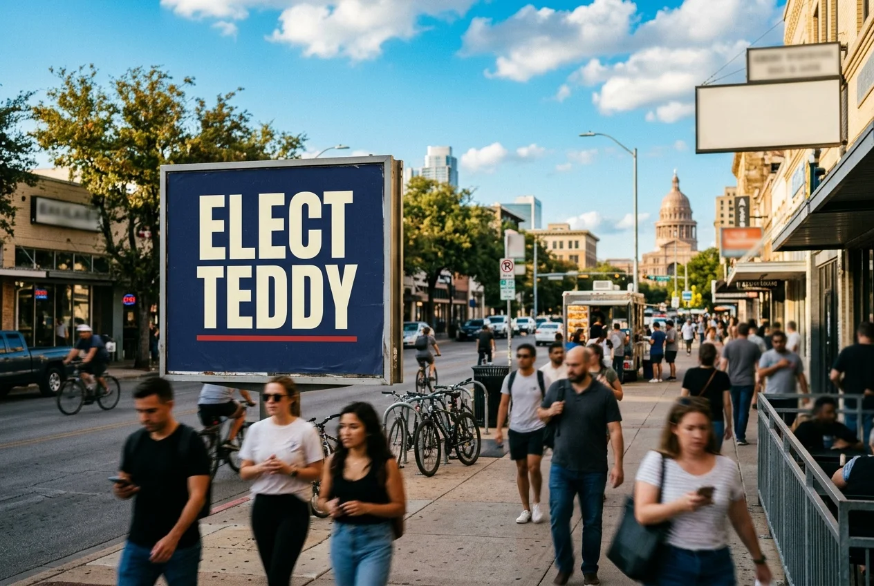 AI-generated image of an Elect Teddy billboard on South Congress in Austin with the Texas Capitol in the background