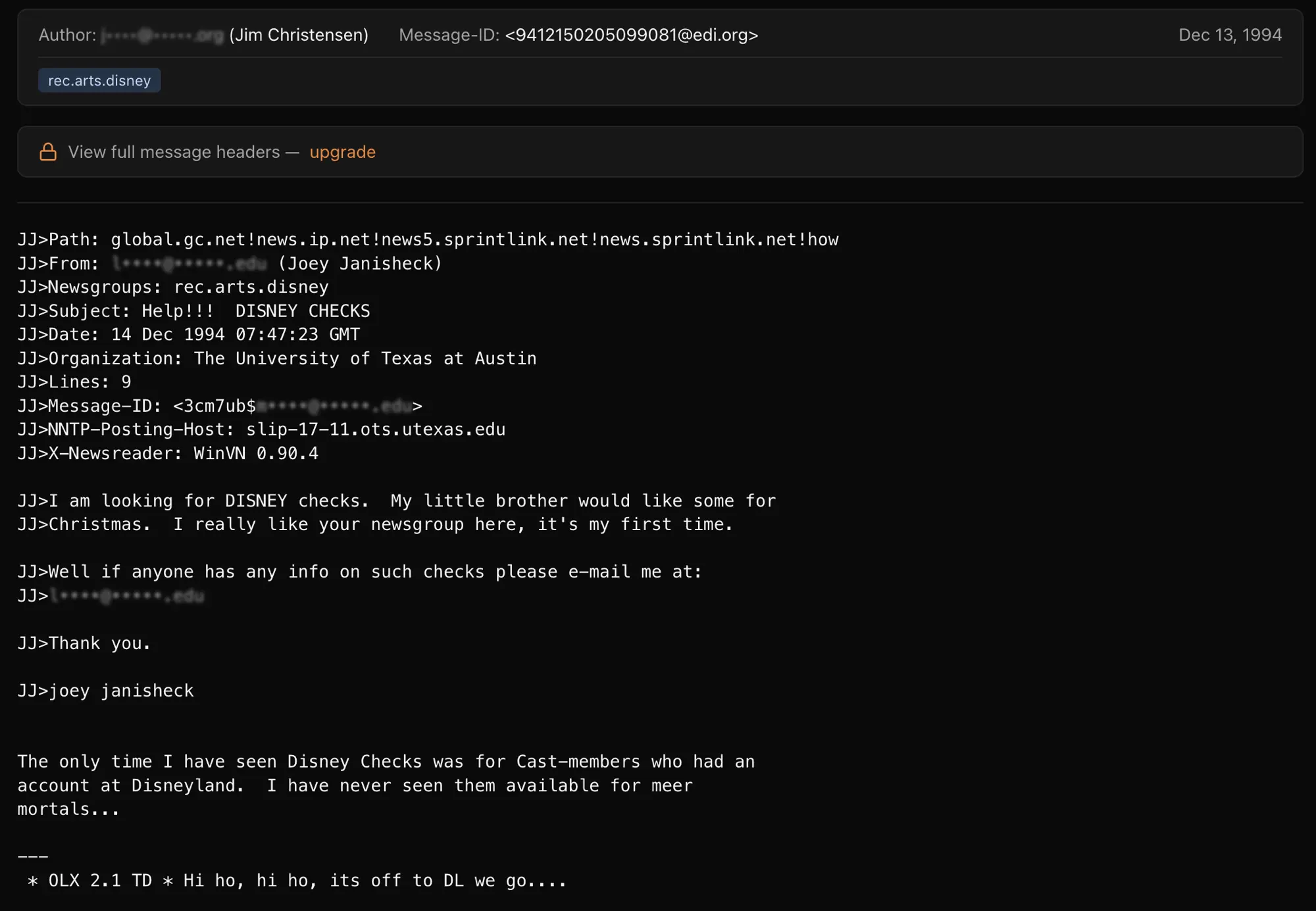 December 1994 USENET thread on rec.arts.disney where Joey asks for Disney checks and a reply explains they are only available to cast members