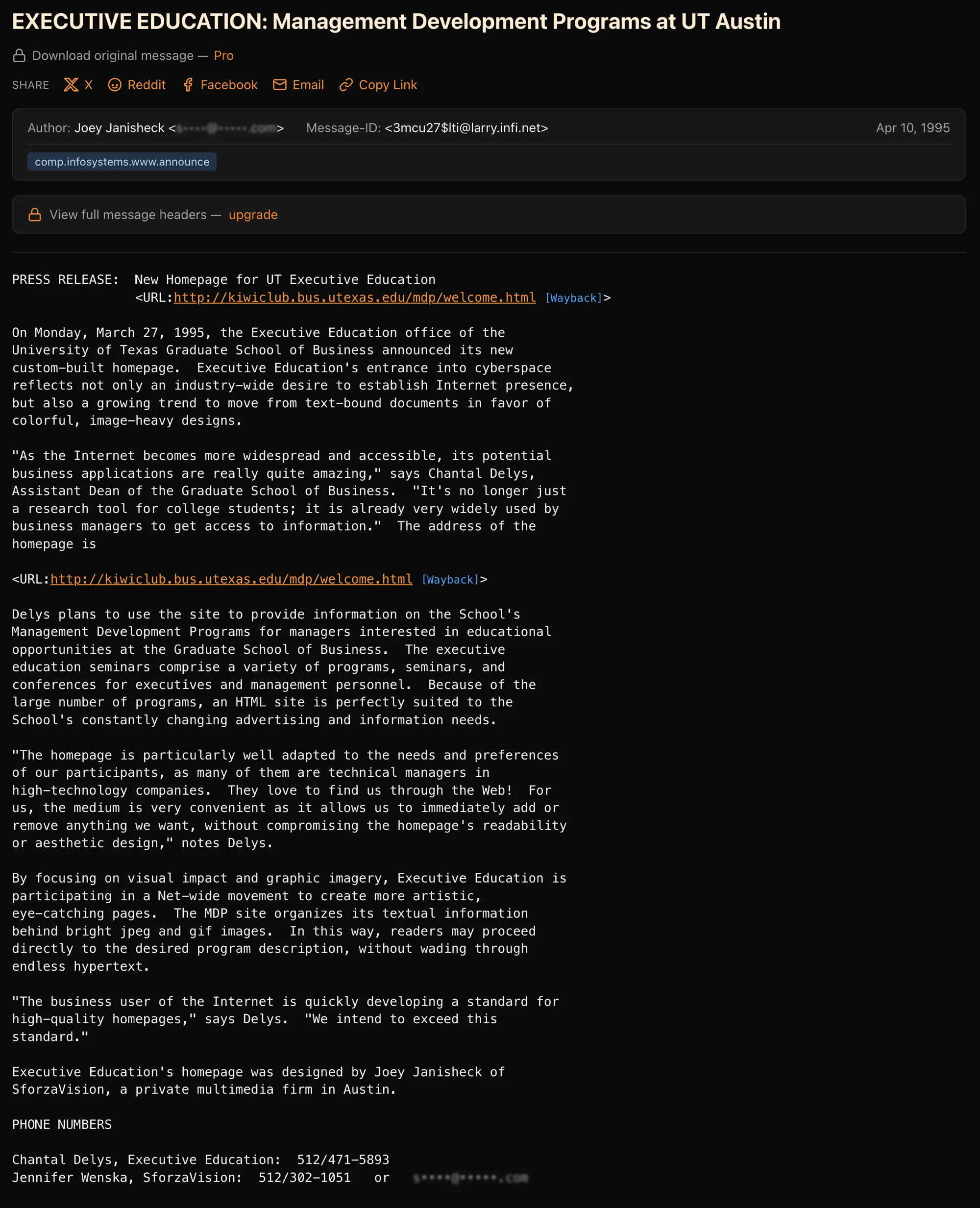 April 1995 USENET press release announcing the UT Executive Education homepage designed by Joey Janisheck of SforzaVision