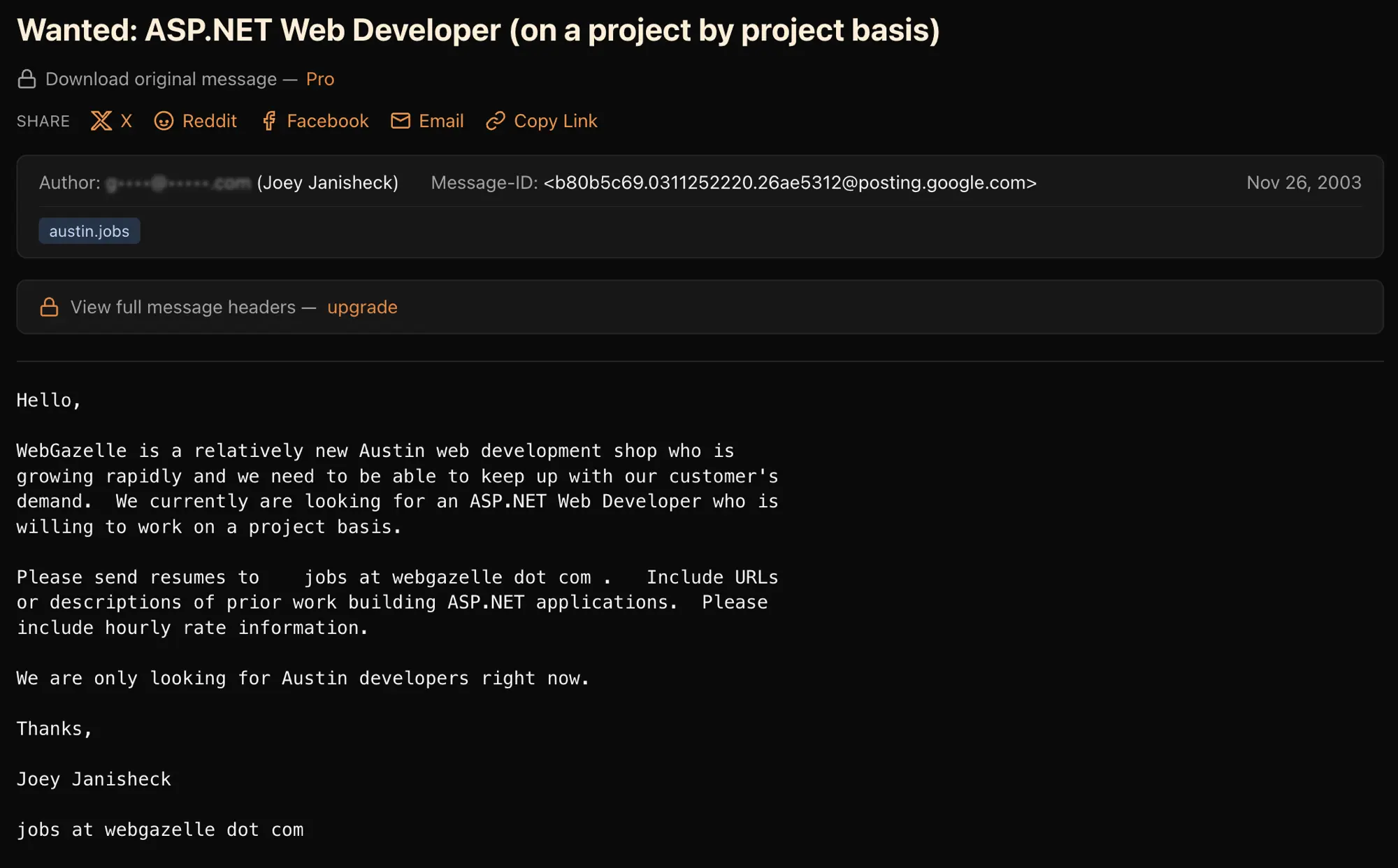 November 2003 USENET post on austin.jobs from WebGazelle looking for an ASP.NET web developer